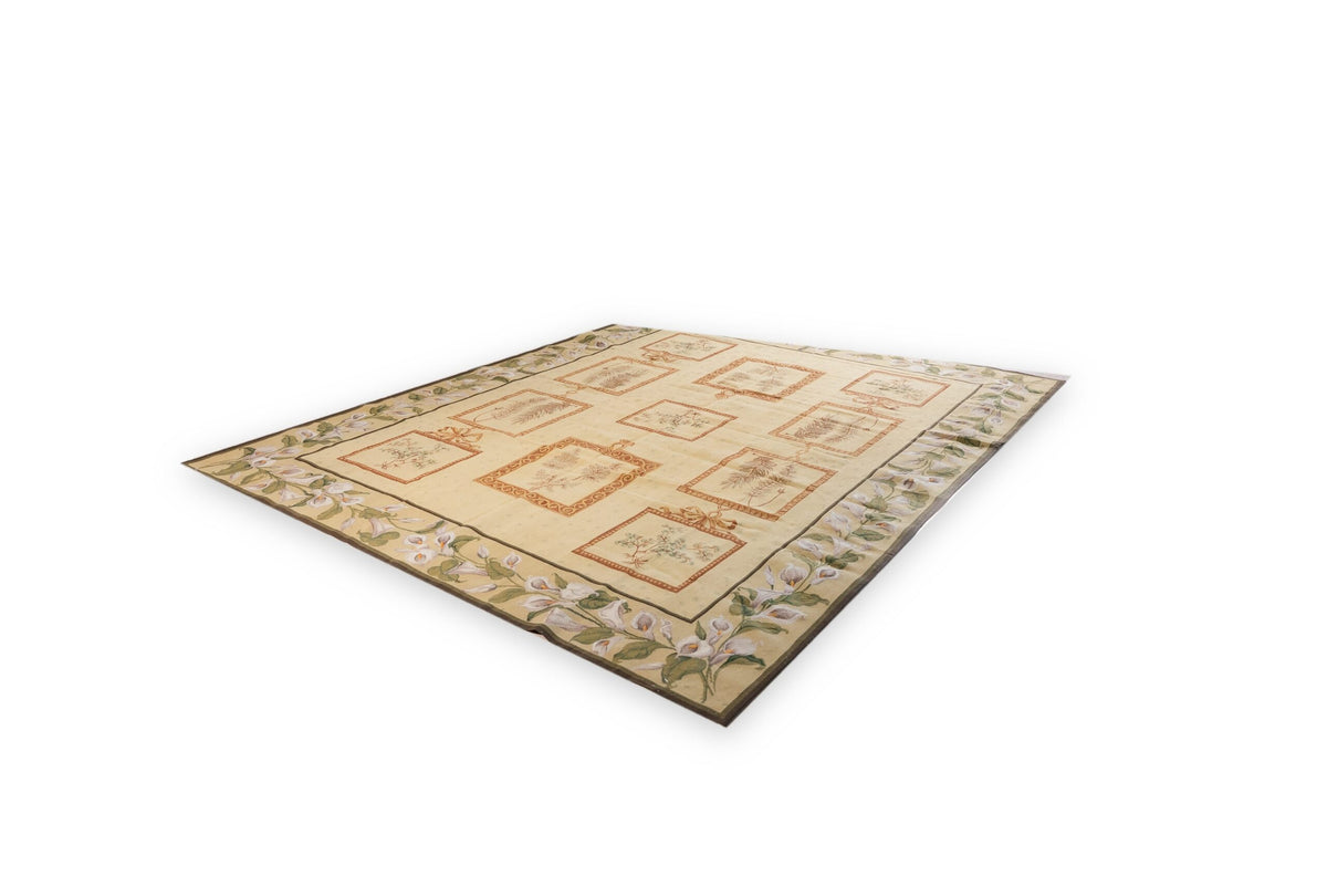 Vintage Aubusson Flat Weave Rug, Ivory Botanical Panel