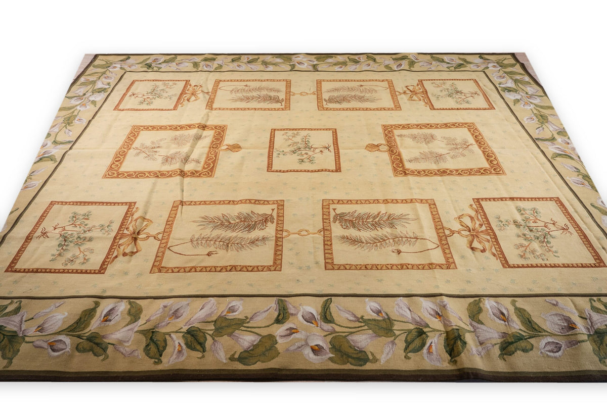 Vintage Aubusson Flat Weave Rug, Ivory Botanical Panel