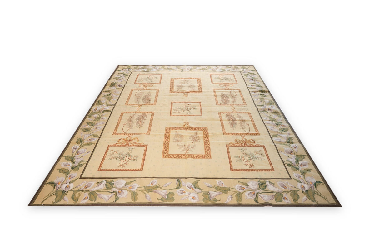 Vintage Aubusson Flat Weave Rug, Ivory Botanical Panel