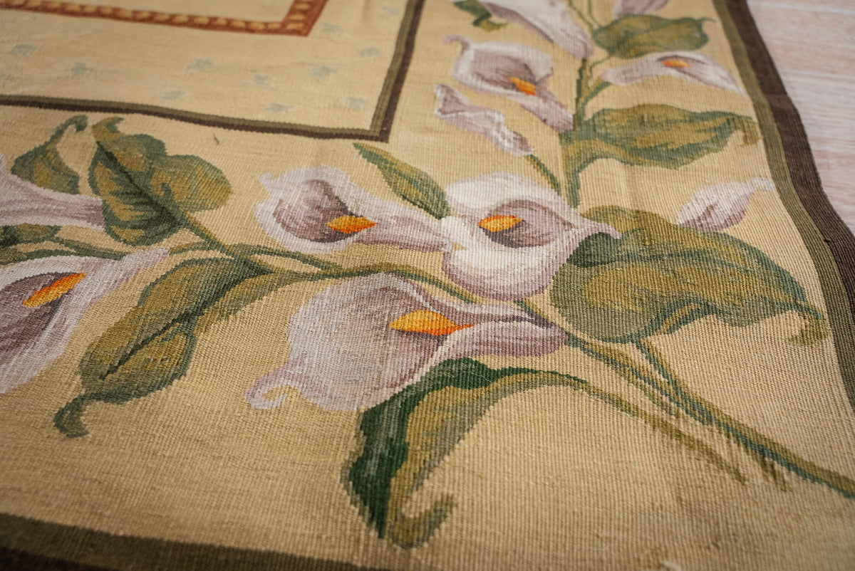 Vintage Aubusson Flat Weave Rug, Ivory Botanical Panel