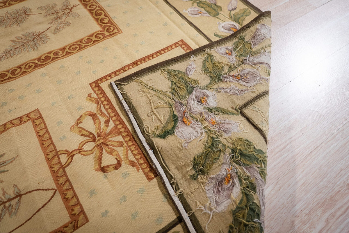 Vintage Aubusson Flat Weave Rug, Ivory Botanical Panel