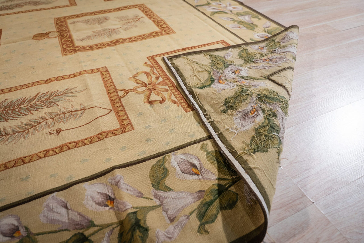 Vintage Aubusson Flat Weave Rug, Ivory Botanical Panel