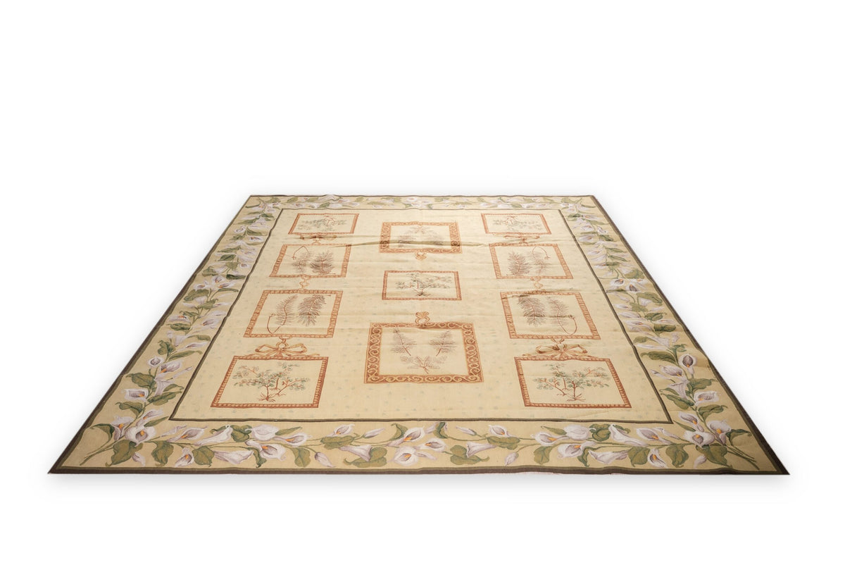 Vintage Aubusson Flat Weave Rug, Ivory Botanical Panel