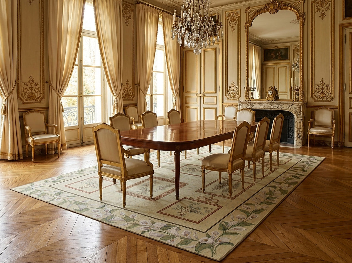Vintage Aubusson flat weave rug styled in a dining room