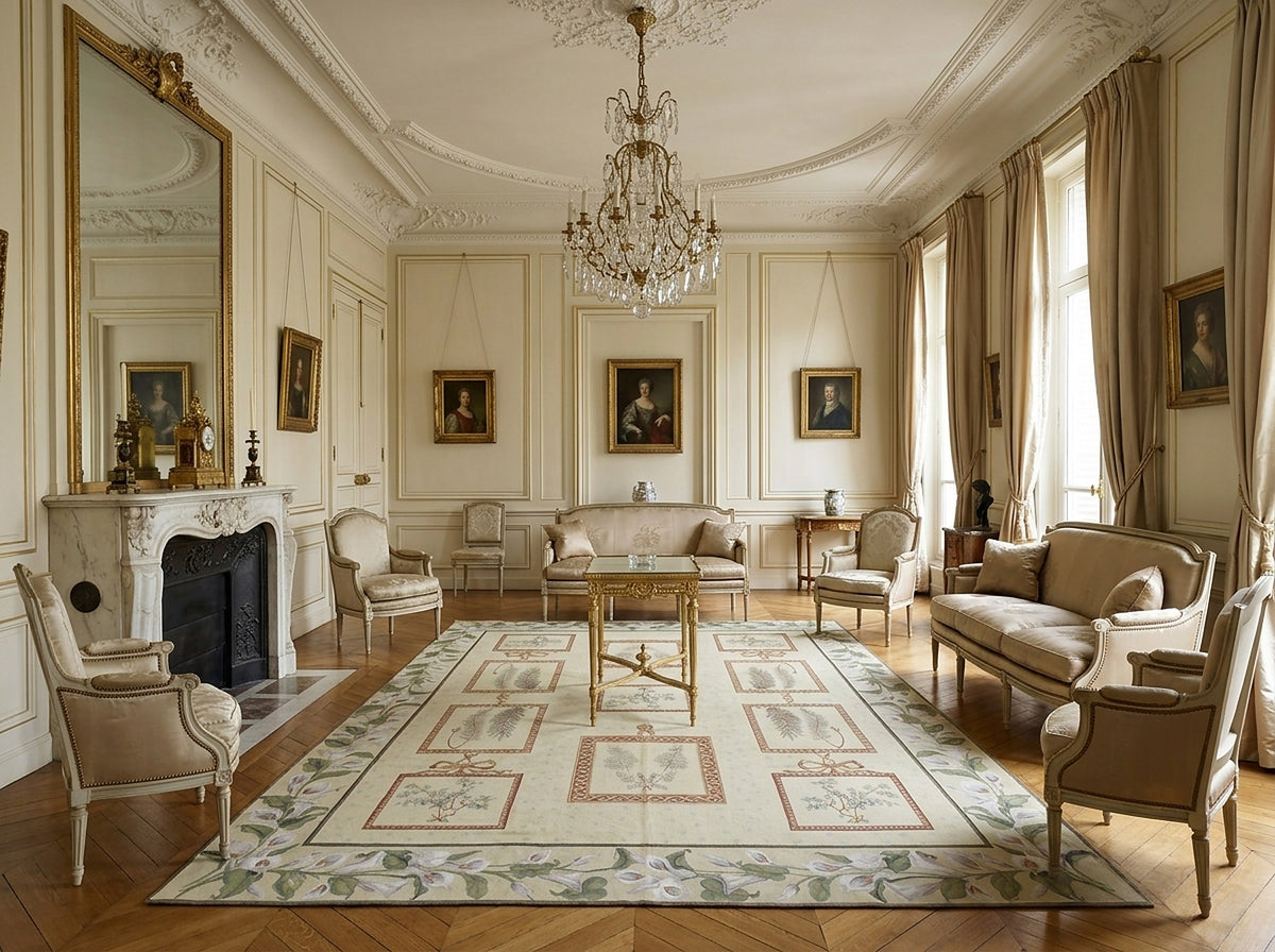 Vintage Aubusson flat weave rug styled in a living room