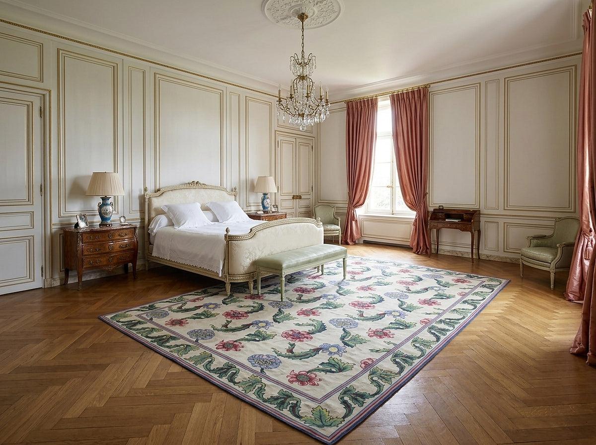Vintage Aubusson Flat Weave Rug, Ivory Garden Blossom styled in a bedroom