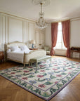 Vintage Aubusson Flat Weave Rug, Ivory Garden Blossom styled in a bedroom
