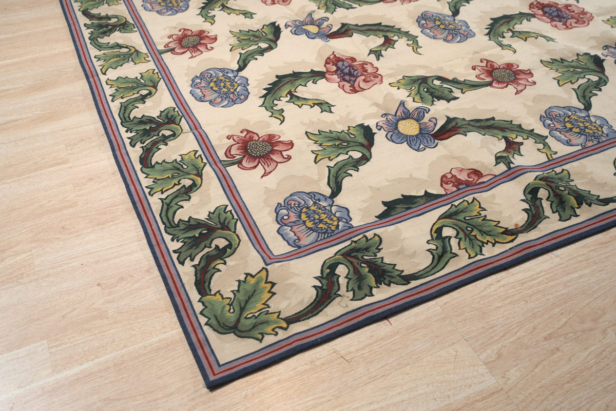Vintage Aubusson Flat Weave Wool Rug, Ivory Garden Blossom