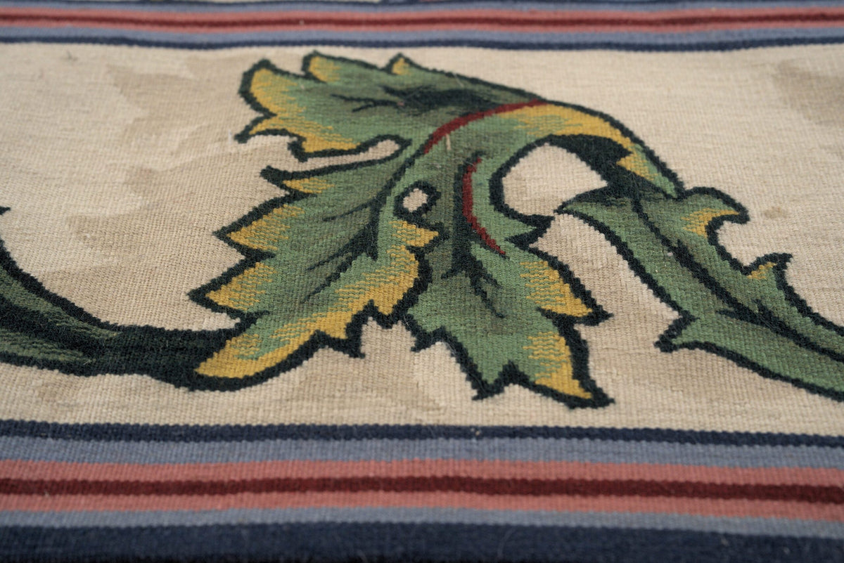 Vintage Aubusson Flat Weave Wool Rug, Ivory Garden Blossom