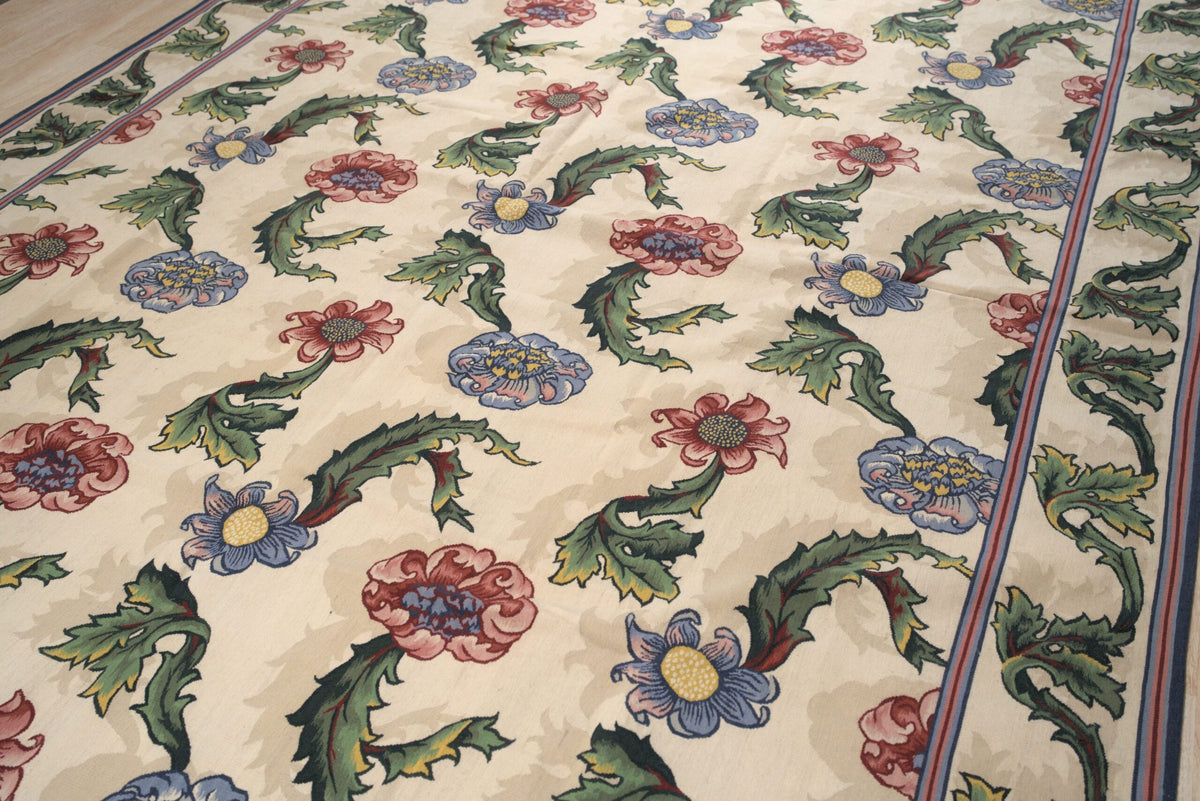 Vintage Aubusson Flat Weave Wool Rug, Ivory Garden Blossom