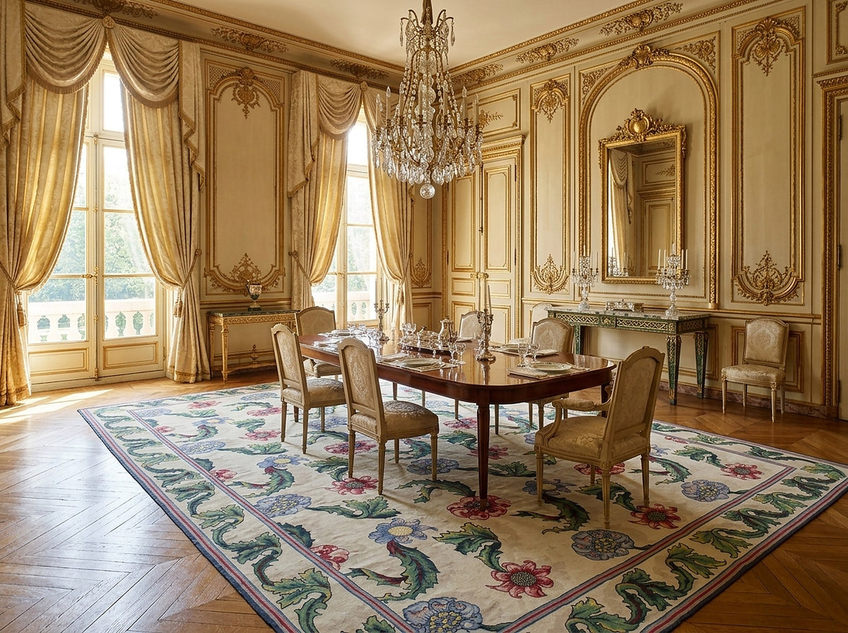 Vintage Aubusson Flat Weave Rug, Ivory Garden Blossom styled in a dining room