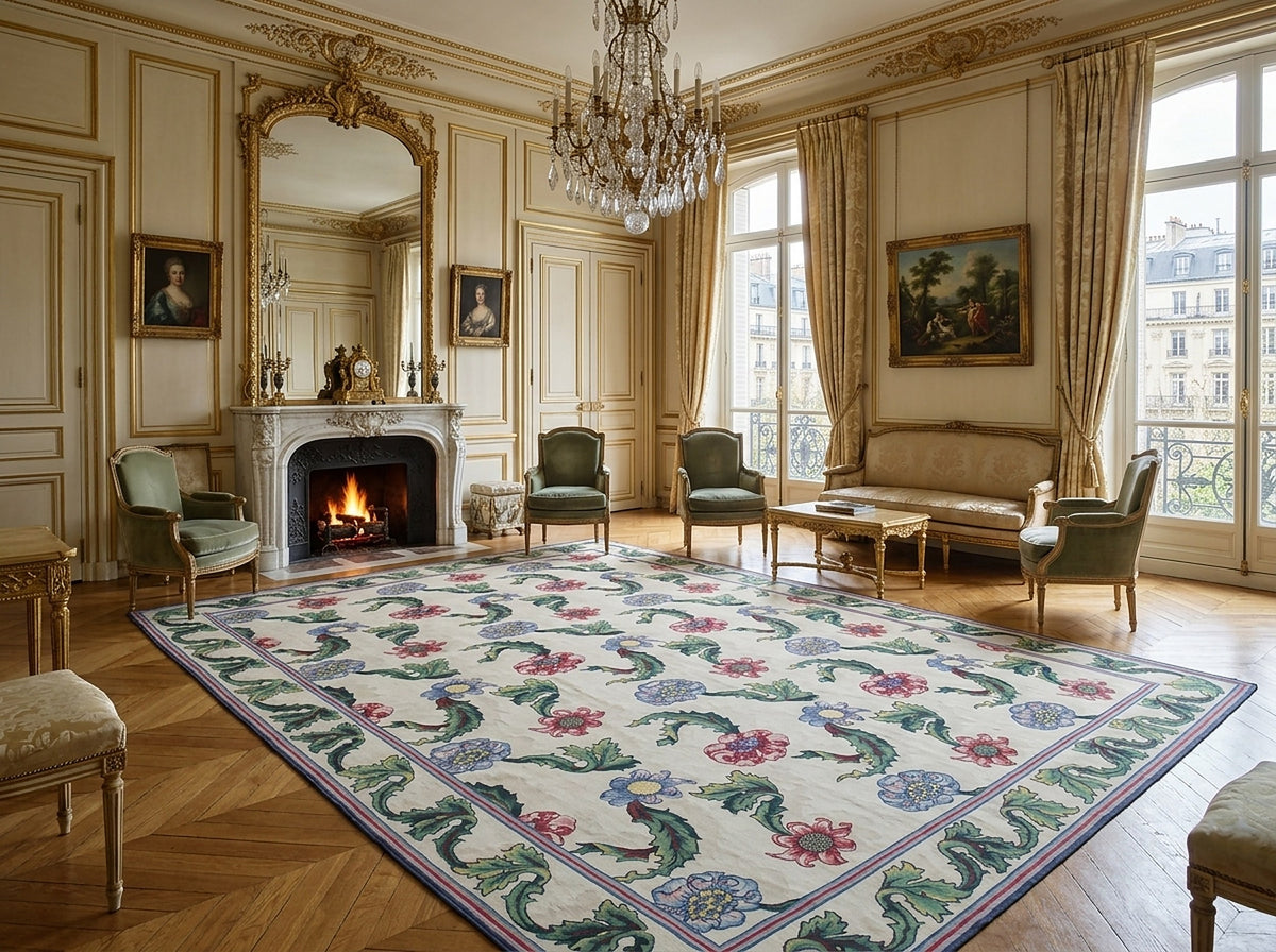 Vintage Aubusson Flat Weave Rug, Ivory Garden Blossom styled in a living room