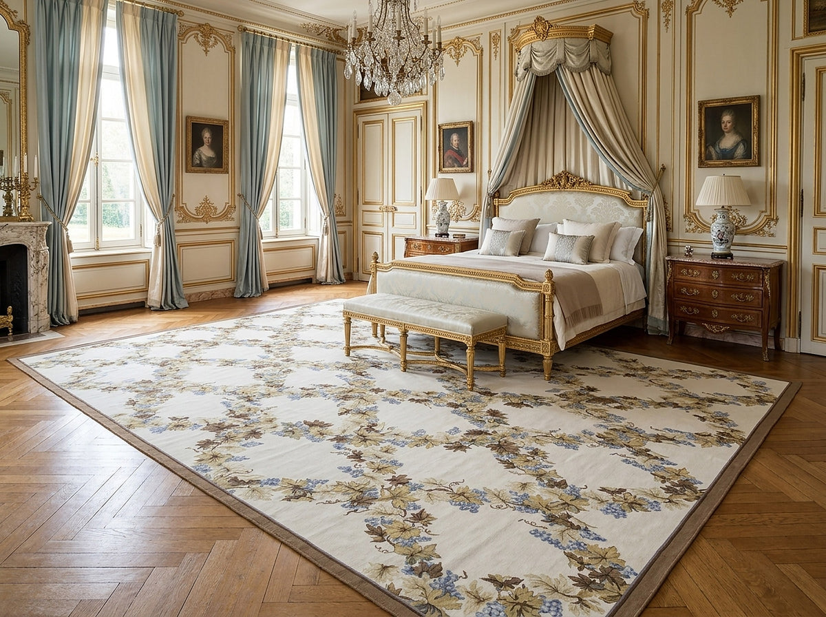 Vintage Aubusson Flat Weave Rug, Ivory Grapevine Lattice styled in a bedroom