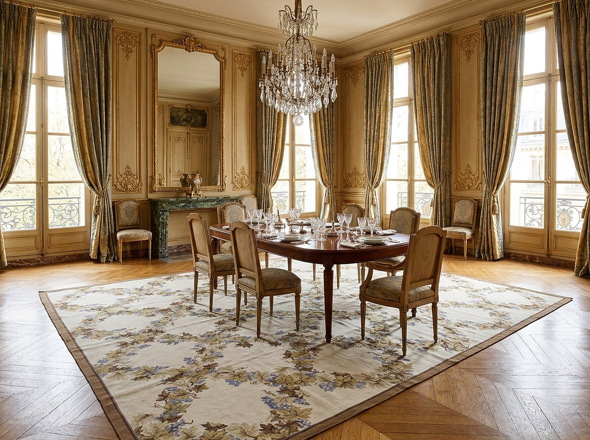Vintage Aubusson Flat Weave Rug, Ivory Grapevine Lattice styled in a dining room
