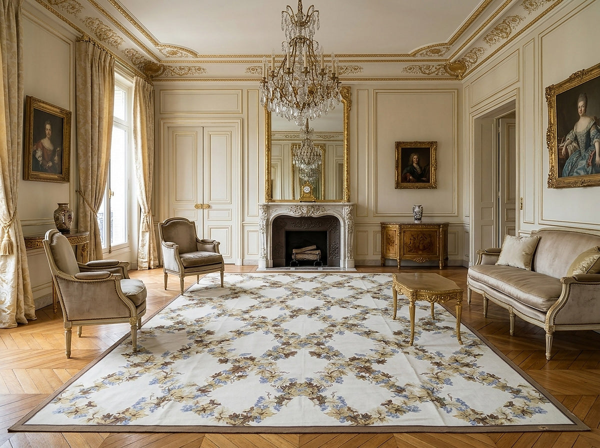 Vintage Aubusson Flat Weave Rug, Ivory Grapevine Lattice styled in a living room