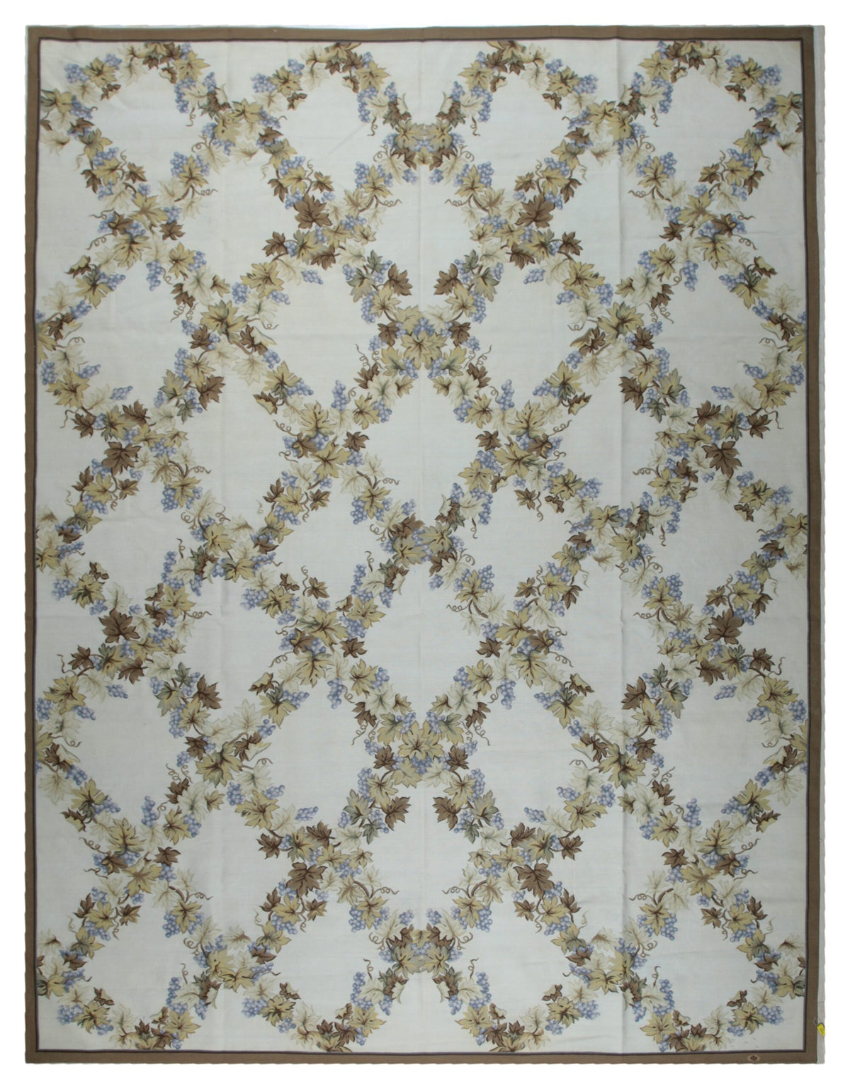 Vintage Aubusson Flat Weave Wool Rug, Ivory Grapevine Lattice
