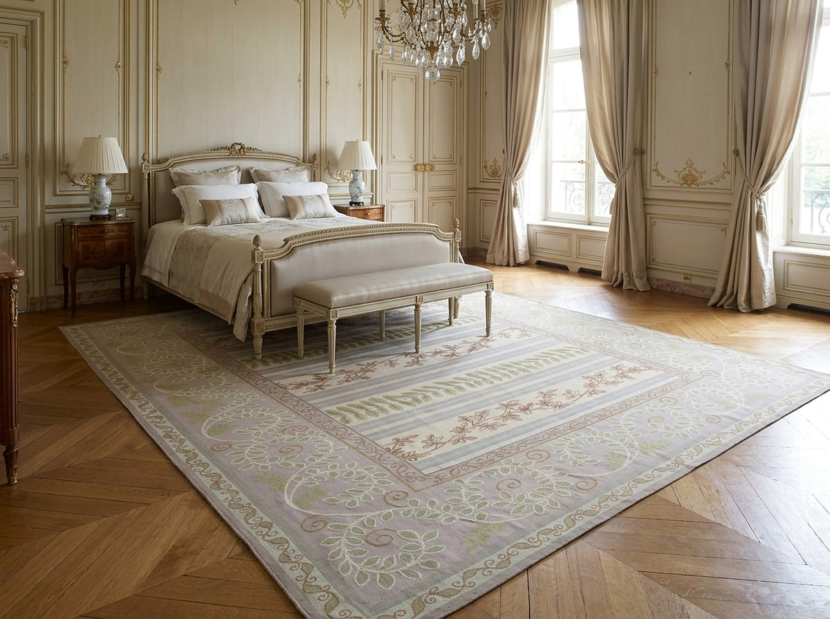 Vintage Aubusson Flat Weave Rug, Lilac Grey Fern Stripe styled in a bedroom