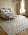 Vintage Aubusson Flat Weave Rug, Lilac Grey Fern Stripe styled in a bedroom