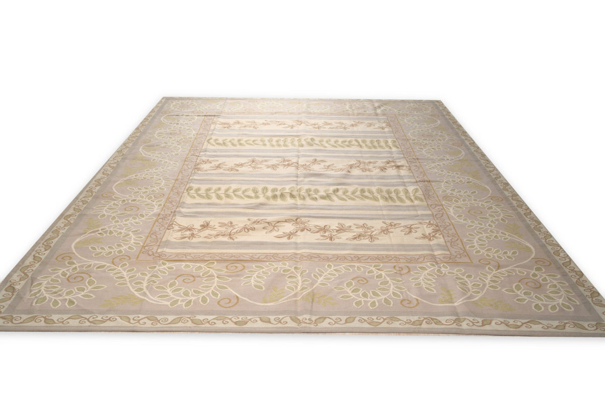 Vintage Aubusson Flat Weave Wool Rug, Lilac Grey Fern Stripe