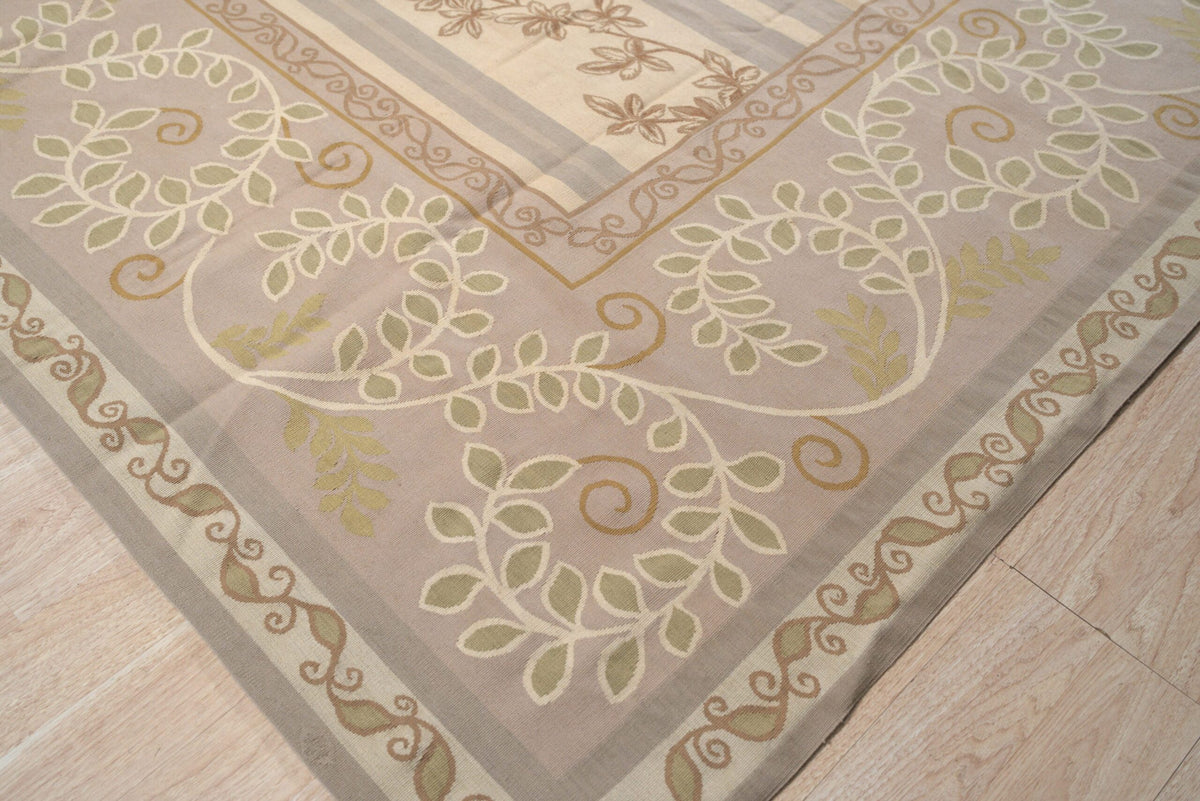 Vintage Aubusson Flat Weave Wool Rug, Lilac Grey Fern Stripe