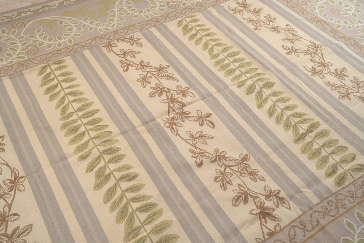 Vintage Aubusson Flat Weave Wool Rug, Lilac Grey Fern Stripe