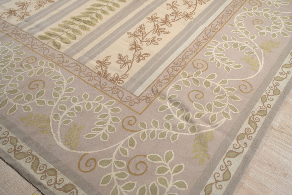 Vintage Aubusson Flat Weave Wool Rug, Lilac Grey Fern Stripe