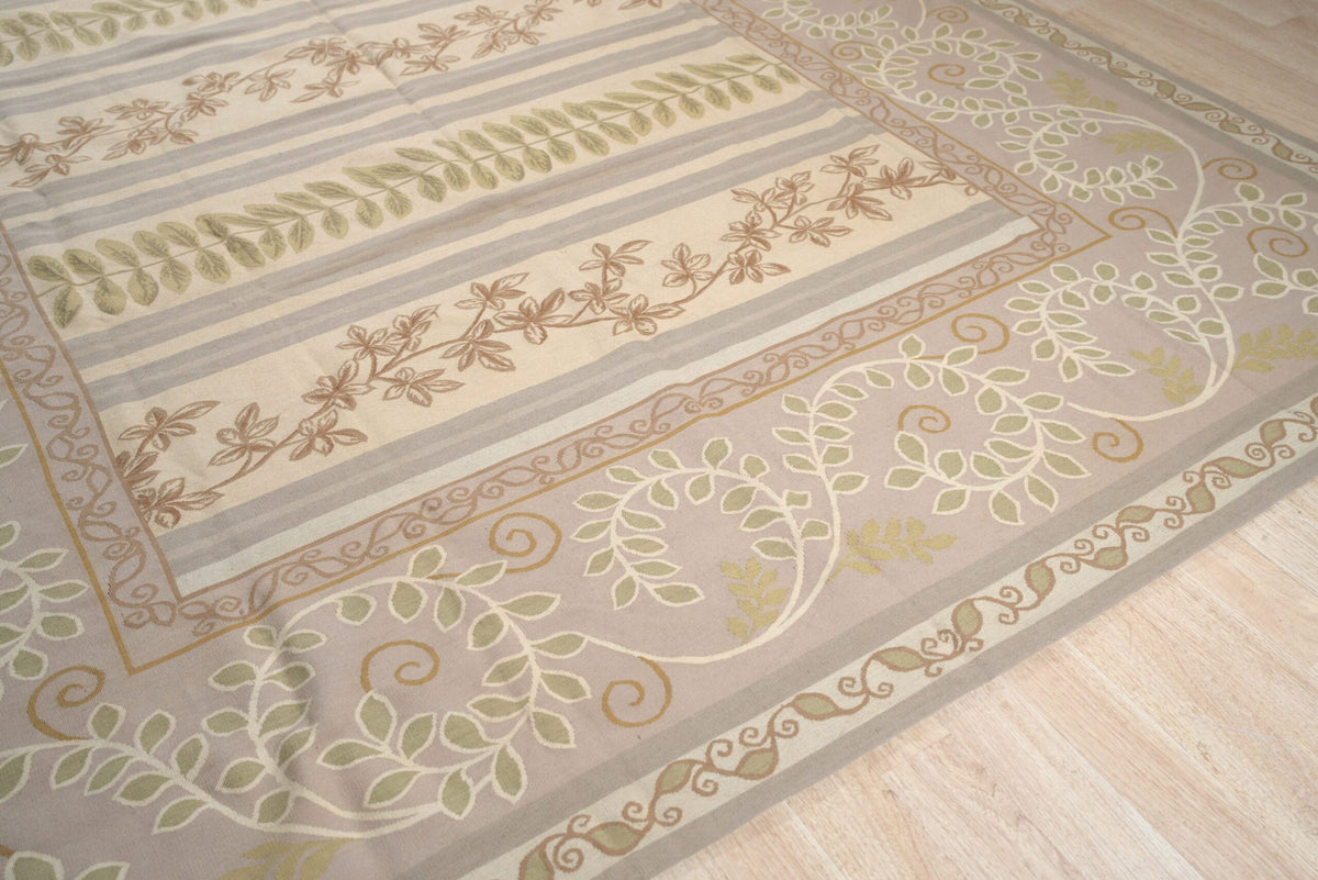 Vintage Aubusson Flat Weave Wool Rug, Lilac Grey Fern Stripe