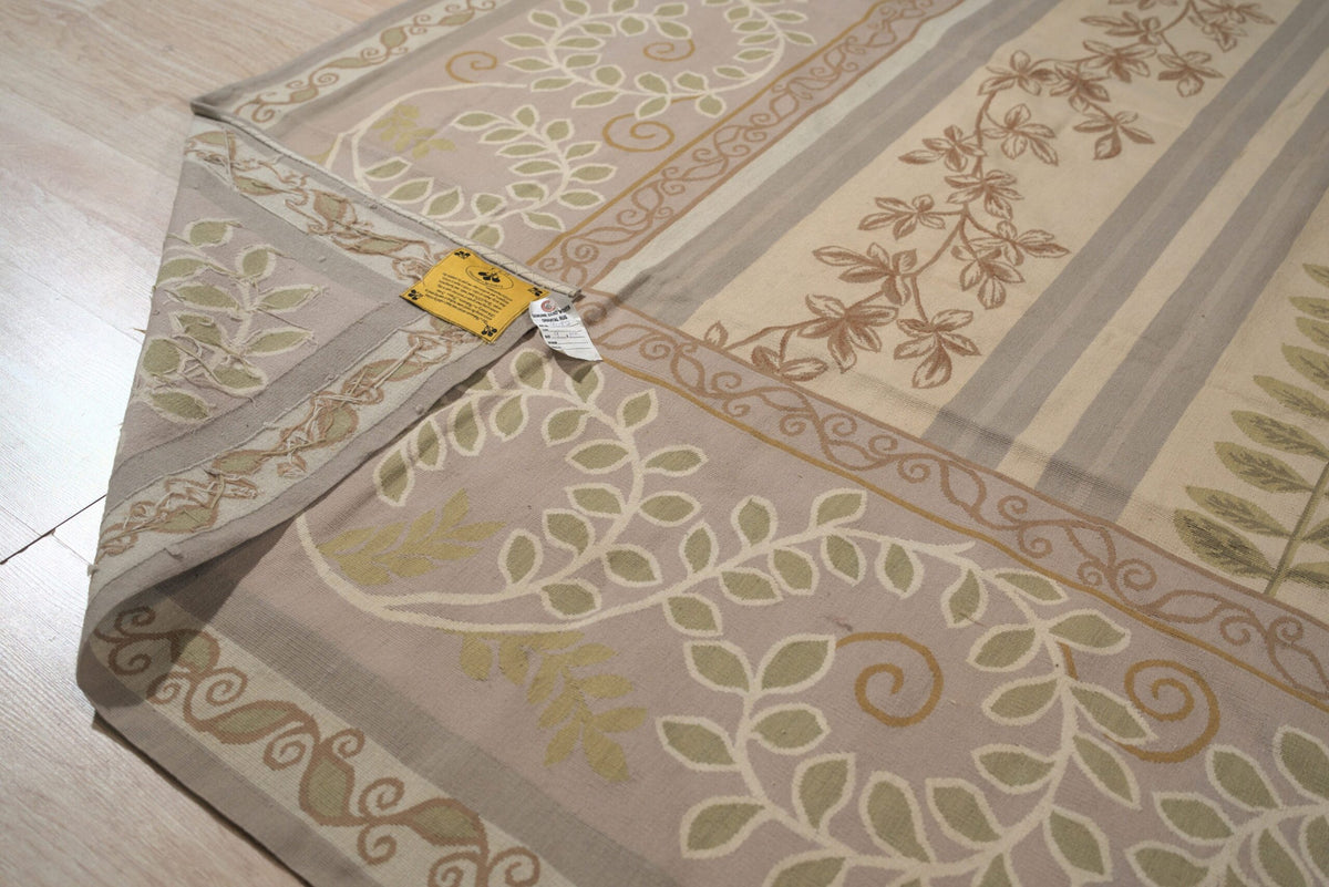 Vintage Aubusson Flat Weave Wool Rug, Lilac Grey Fern Stripe