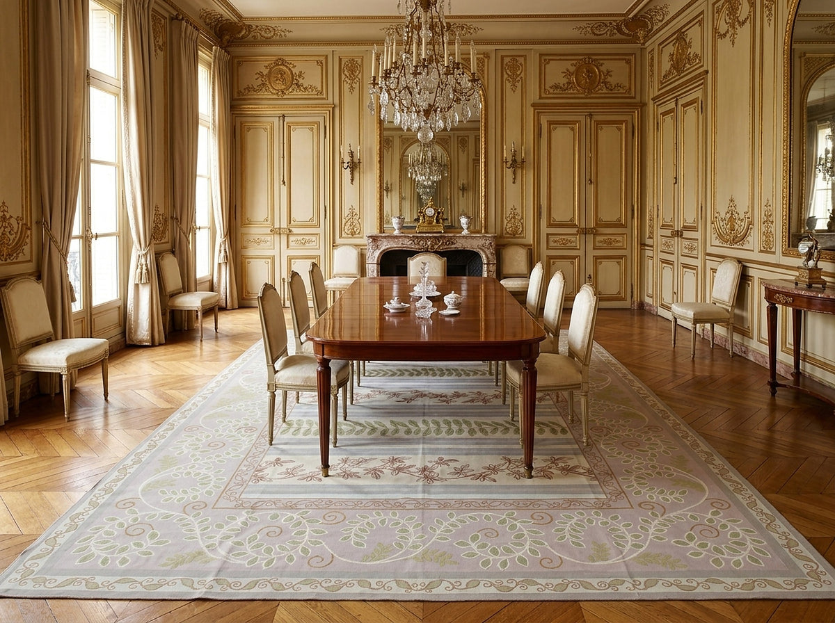 Vintage Aubusson Flat Weave Rug, Lilac Grey Fern Stripe styled in a dining room