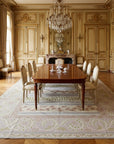 Vintage Aubusson Flat Weave Rug, Lilac Grey Fern Stripe styled in a dining room