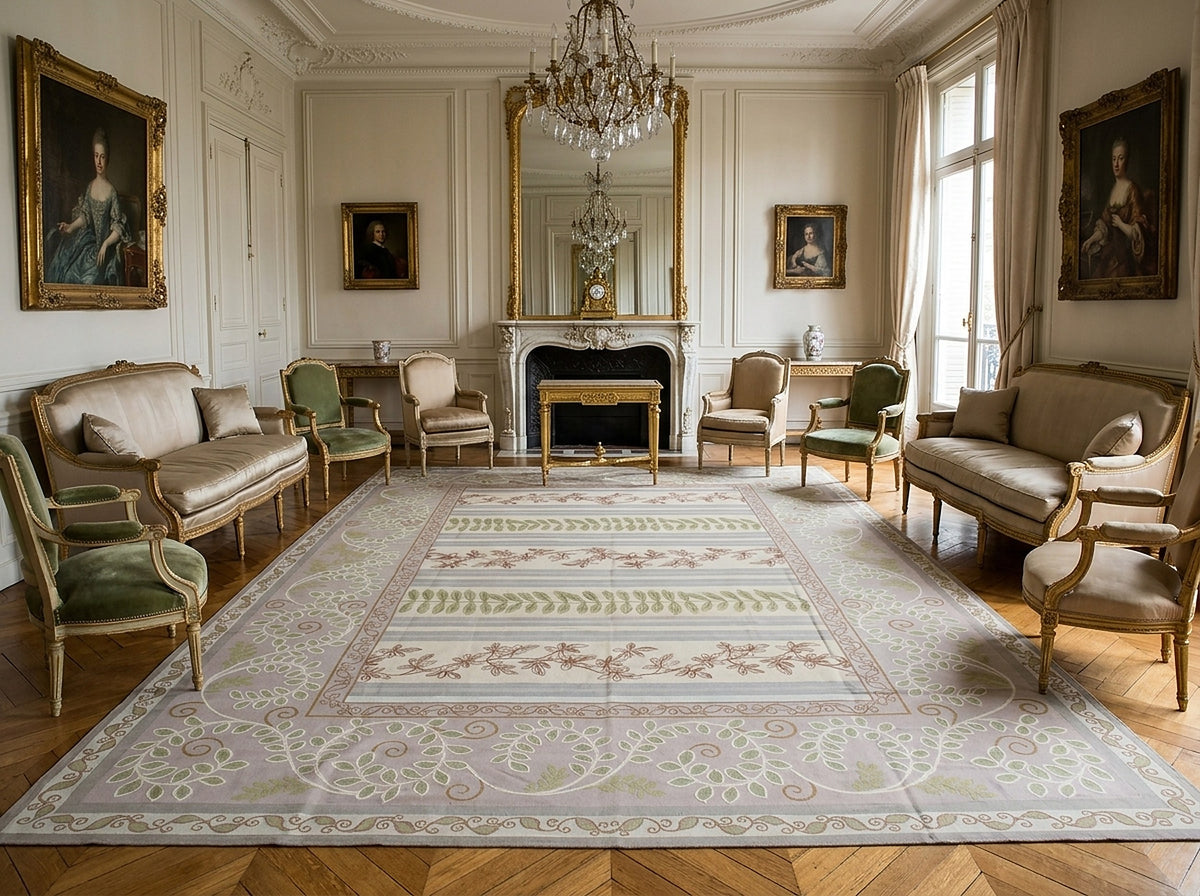 Vintage Aubusson Flat Weave Rug, Lilac Grey Fern Stripe styled in a living room