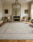 Vintage Aubusson Flat Weave Rug, Lilac Grey Fern Stripe styled in a living room