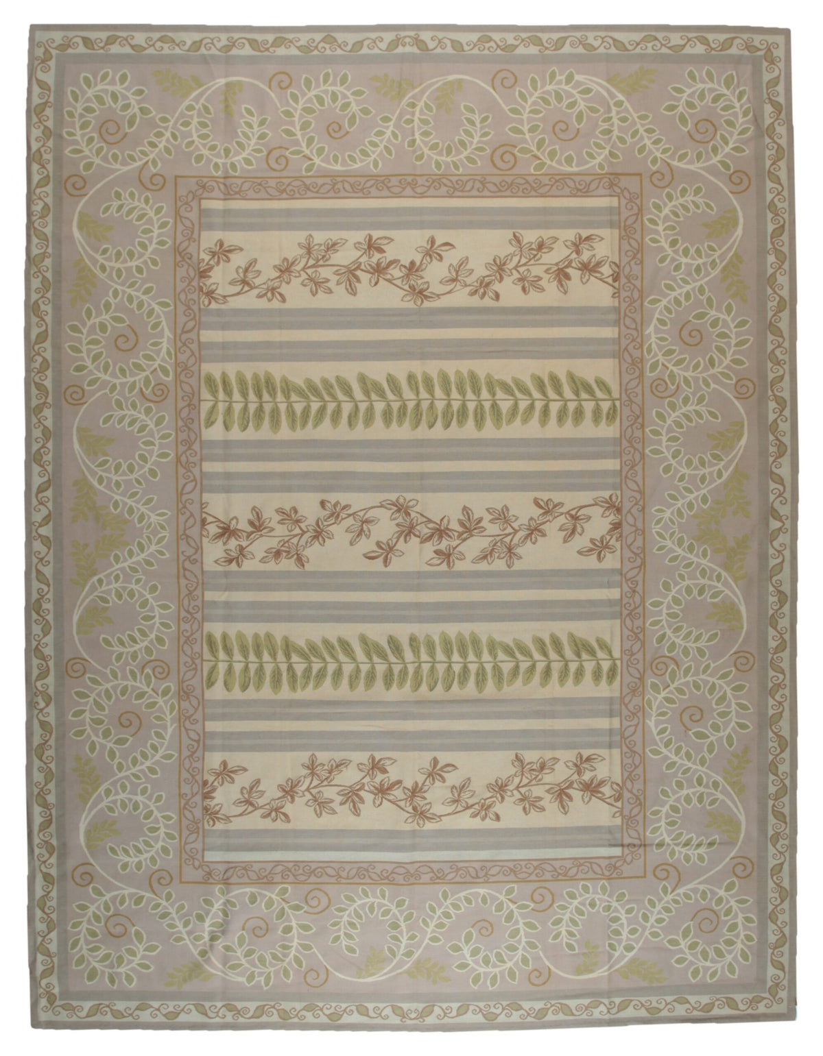 Vintage Aubusson Flat Weave Wool Rug, Lilac Grey Fern Stripe