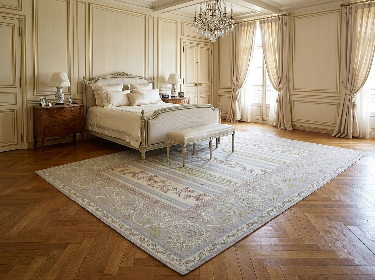 Vintage Aubusson Flat Weave Rug, Lilac Grey Fern and Vine Stripe styled in a bedroom