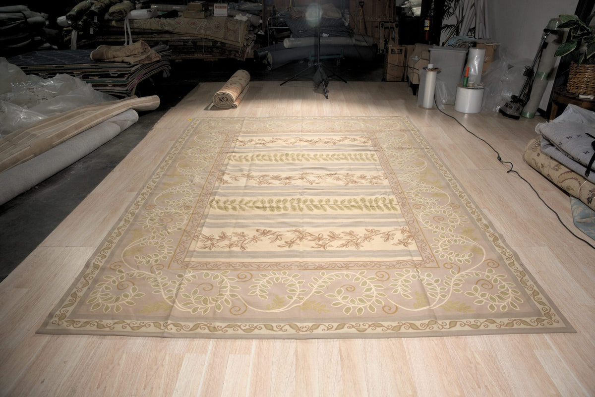 Vintage Aubusson Flat Weave Wool Rug, Lilac Grey Fern and Vine Stripe