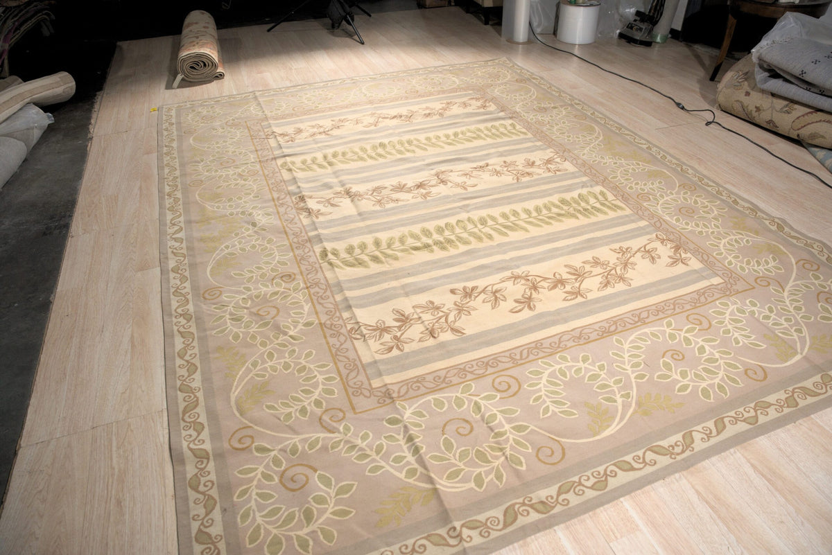 Vintage Aubusson Flat Weave Wool Rug, Lilac Grey Fern and Vine Stripe