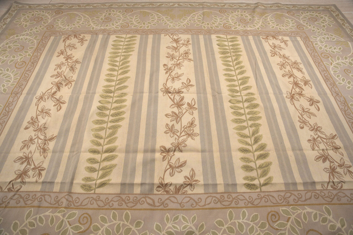 Vintage Aubusson Flat Weave Wool Rug, Lilac Grey Fern and Vine Stripe