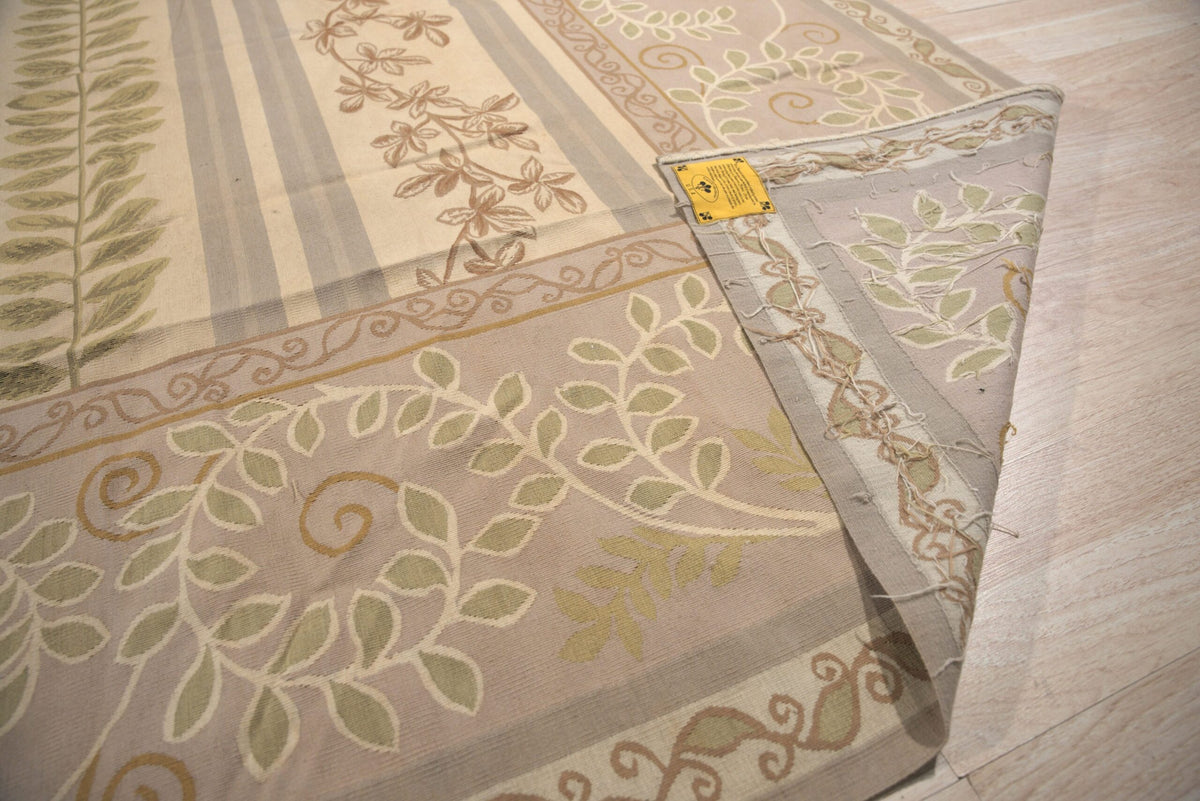 Vintage Aubusson Flat Weave Wool Rug, Lilac Grey Fern and Vine Stripe