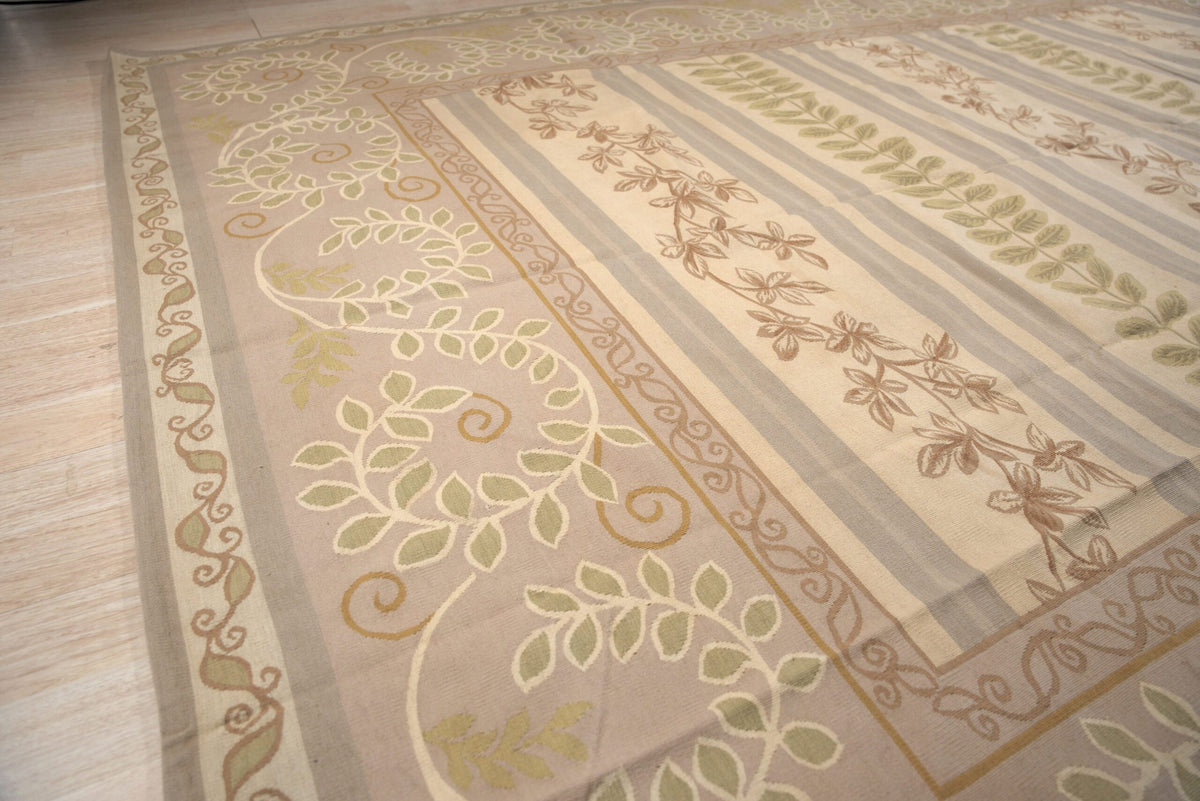 Vintage Aubusson Flat Weave Wool Rug, Lilac Grey Fern and Vine Stripe