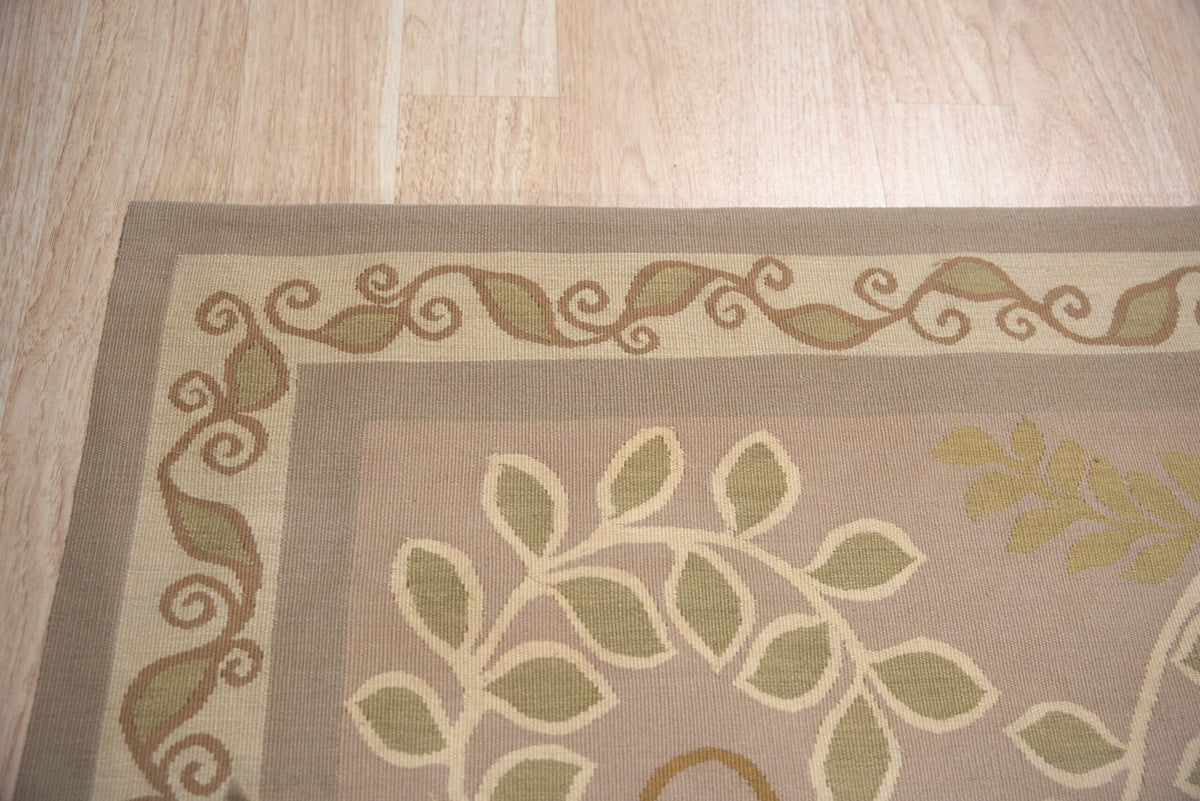 Vintage Aubusson Flat Weave Wool Rug, Lilac Grey Fern and Vine Stripe
