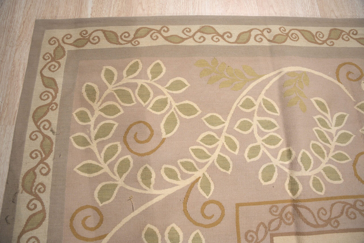 Vintage Aubusson Flat Weave Wool Rug, Lilac Grey Fern and Vine Stripe