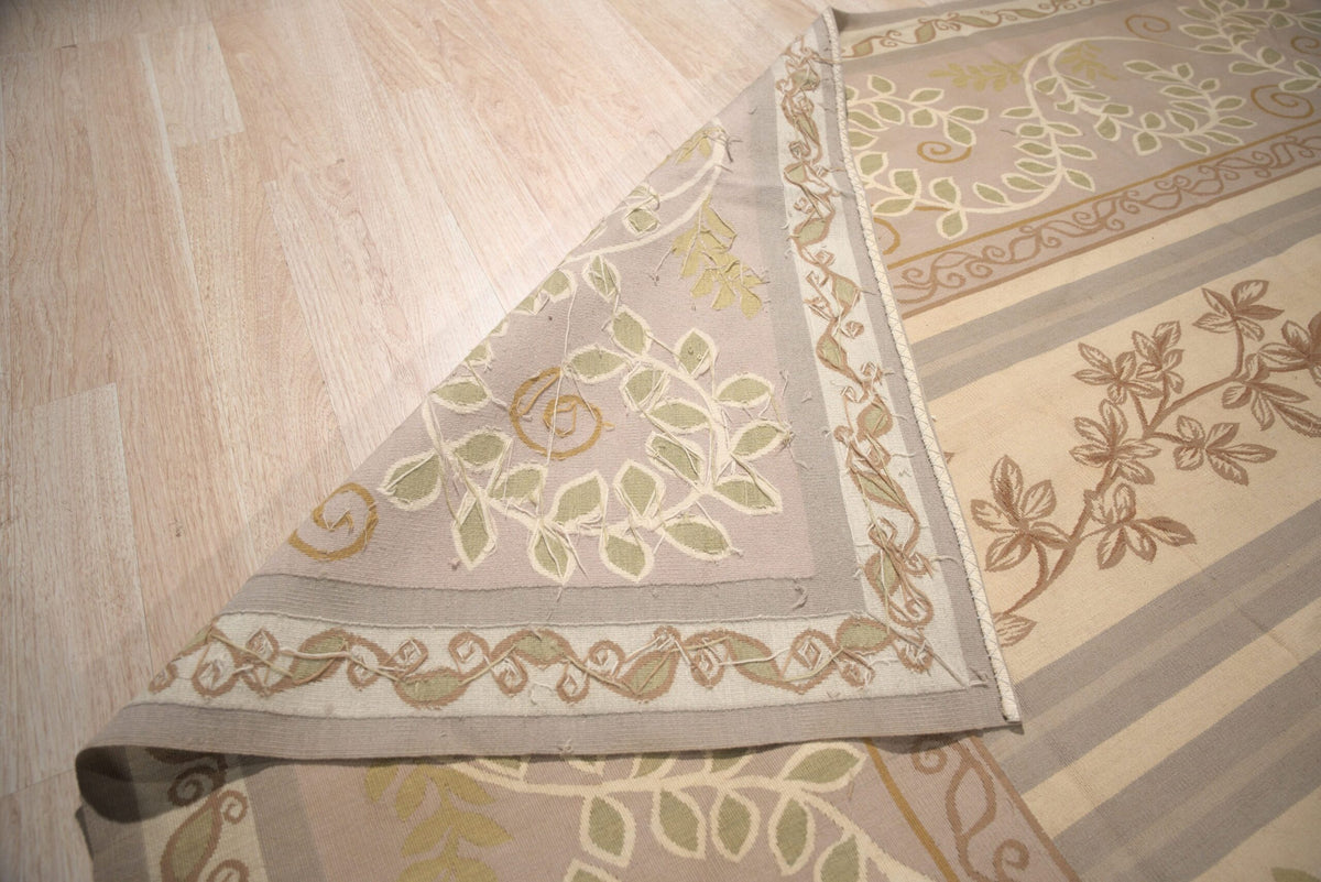 Vintage Aubusson Flat Weave Wool Rug, Lilac Grey Fern and Vine Stripe