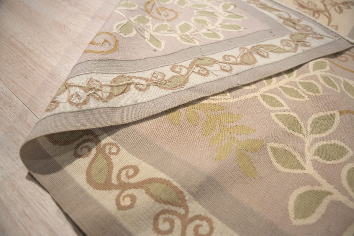 Vintage Aubusson Flat Weave Wool Rug, Lilac Grey Fern and Vine Stripe