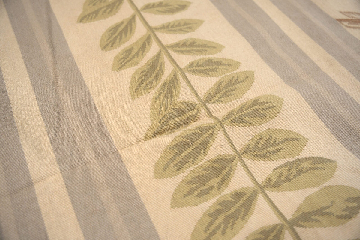 Vintage Aubusson Flat Weave Wool Rug, Lilac Grey Fern and Vine Stripe