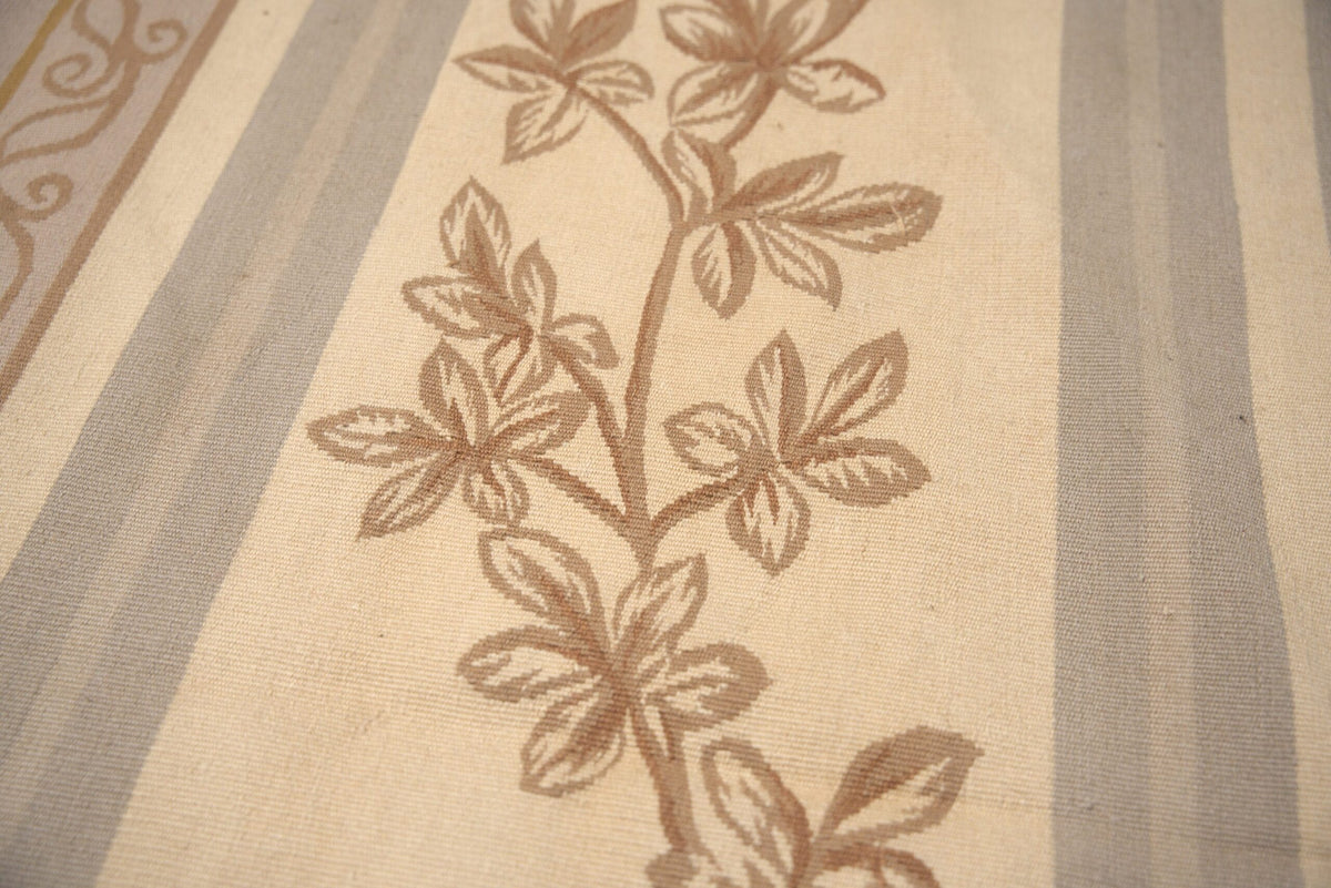 Vintage Aubusson Flat Weave Wool Rug, Lilac Grey Fern and Vine Stripe