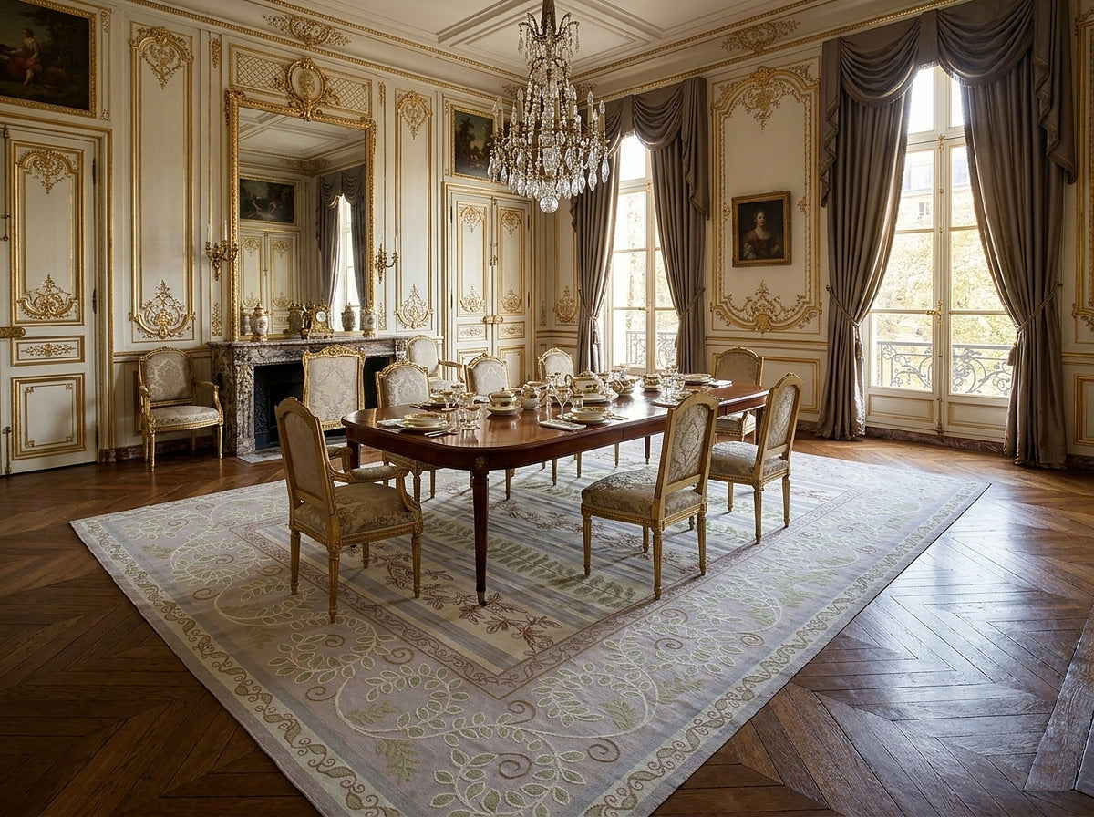 Vintage Aubusson Flat Weave Rug, Lilac Grey Fern and Vine Stripe styled in a dining room