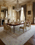 Vintage Aubusson Flat Weave Rug, Lilac Grey Fern and Vine Stripe styled in a dining room
