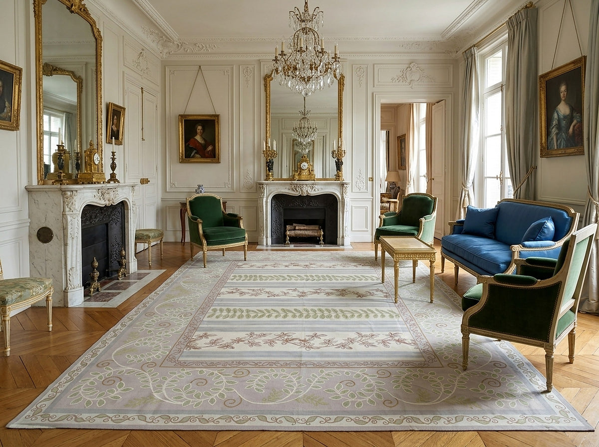 Vintage Aubusson Flat Weave Rug, Lilac Grey Fern and Vine Stripe styled in a living room