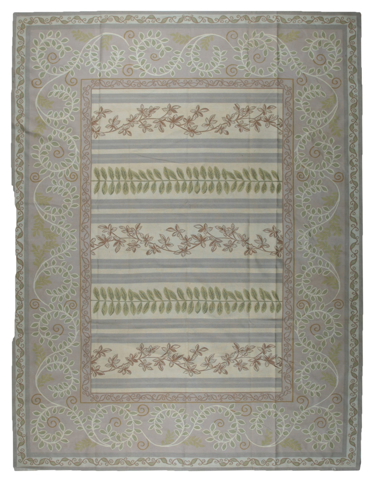 Vintage Aubusson Flat Weave Wool Rug, Lilac Grey Fern and Vine Stripe