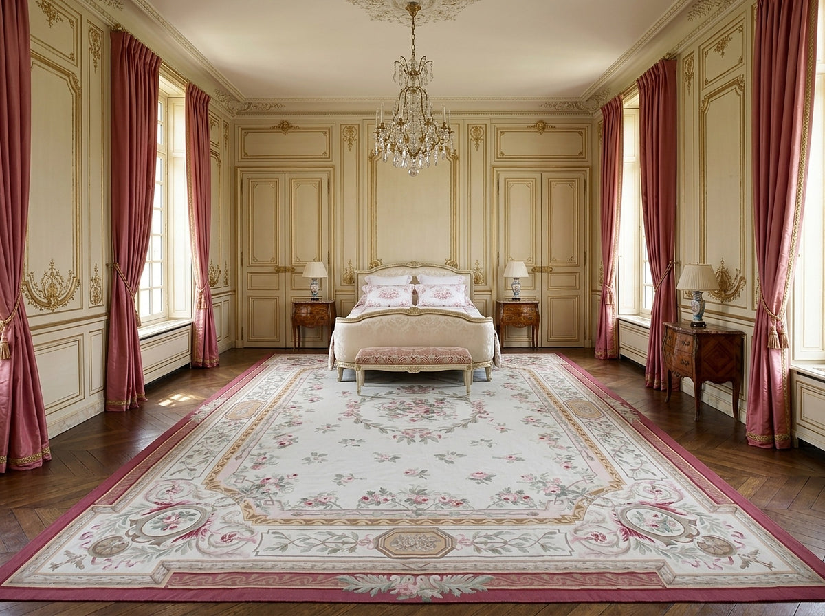 Vintage Aubusson Flat Weave Rug, Louis Philippe Rose Wreath styled in a bedroom